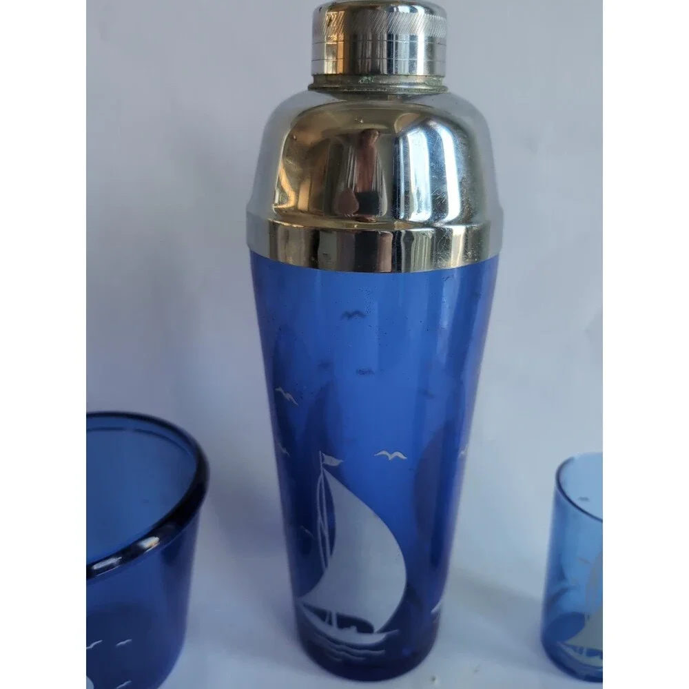 Hazel Atlas Cocktail Shaker Set Ice Bucket Glasses Cobalt Blue Sail Boat MCM Vtg